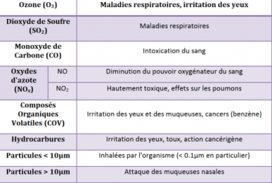 tableau récapitulant l'effet des polluants aéronautiques sur le corps humain (yeux, bronches, etc.)